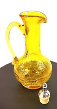 Vtg Crackle Glass Pitcher Hand Blown Amber Yellow Applied Handle Cork Stopper picture