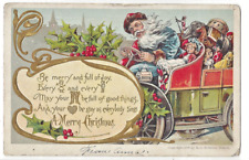 Christmas Santa Blue Suit Driving Car with Gifts Color Postcard--1907 Postmark picture