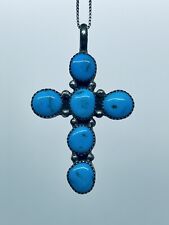 Vintage Signed Navajo Silver Natural Bisbee Turquoise Cross Pendant picture