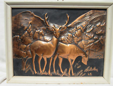 Vintage Solid Copper Relief Deer Buck & Doe Mountain Scene Embossed Picture 9x7 picture
