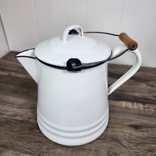 Vintage White Enamel Cowboy Coffee Pot Blue Trim 1.5 Gal 26 Cups Wood Handle  picture