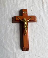 VINTAGE WOODEN CRUCIFIX WITH STORAGE HOLY WATER CANDLE HOLDER PRIEST SICK CALL picture