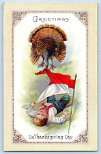 Thanksgiving Postcard Greetings Little Boy And Turkey Embossed 1915 Antique picture