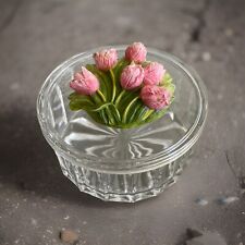 Glass Jewelry Trinket Box Powder Dish Pink Tulips Diamond Print Bottom Cut Glass picture