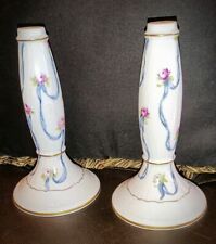 💥VINTAGE Pair HOLLOHAZA Hungary PORCELAIN candlesticks candle holders FLORAL💥 picture