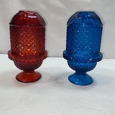 2 Vintage Viking Glass Fairy Light Lamp Diamond Point Blue & Ruby Red Beautiful picture