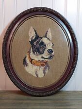 Vintage 1941 Needlepoint Boston Terrier Dog Framed Art Wall Hanging picture