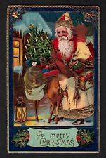 0302 Antique Vintage Santa Claus Postcard Red Robe & Hat Reindeer Gel Coat *READ picture