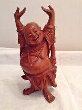 Vtg Buddha Statue 9 1/2” Large Hand Carved Wood Happy Smiling Laughing Figurine picture
