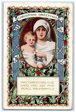 1923 Christmas Greetings Religious Holly Berries Bells Embossed Antique Postcard picture