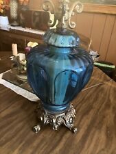 Vintage 1960s 70s Glass Blue 🛋️🪔TABLE LAMP picture