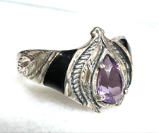 NATIVE AMERICAN SILVER CLOUD 925 STERLING SILVER AMETHYST AND ONYX RING SZ.7 picture