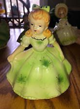 Vintage Caffco Green Girl Ceramic Planter in Butterfly Dress and Hair Bow picture