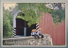 Postcard Pennsylvania Three Amish Boys Take a Break by Covered Bridge  picture