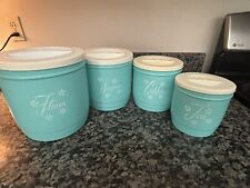 Vintage Stanley Nesting Kitchen Canisters Turquoise Atomic Flowers Set of 4 MCM picture