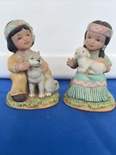 Vintage HOMCO Home Interiors Native American Boy Wold Girl Lamb SET 2 ❤️sj14m2 picture