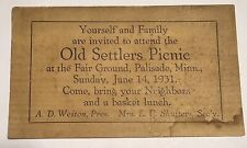 Old Settlers Picnic Fair Grounds Palisade MN Minnesota Invitation 1931 Postcard picture