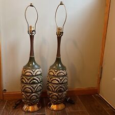 Stunning Pair Of MCM Teak And Ceramic Table Lamps, Green, Cream & Gold 32” Tall picture
