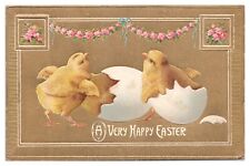 Vintage Embossed A Very Happy Easter Postcard Chicks Hatching Gold Background picture