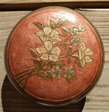 Vintage Solid Brass India Enamel Floral Round Embossed Container Jewelry Trinket picture