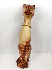 VTG MCM 22” Tall Ceramic Long Neck Cat w/Green Eyes Wood Like Figurine Statue picture