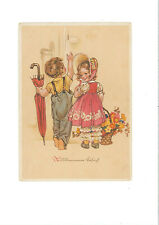 Ancient Ak Card Children With Umbrella And Flower Basket 31 picture