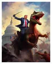 PRESIDENT DONALD TRUMP RIDING T-REX AT THE CAPITOL BRANDISIHING SWORD 8X10 PHOTO picture