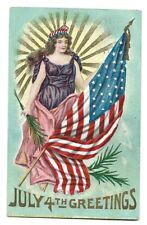 Postcard ~ July 4th Greetings ~ Lady with American Flag ~  Mailed 1908 picture