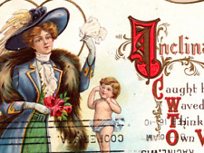 Vintage 1910 Valentine Postcard Cupid Victorian Lady In Big Hat & Fur  Scarf picture