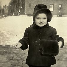 Vintage B&W Snapshot Photograph Adorable Little Girl Winter Hand Muff Snow picture