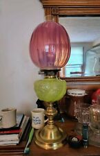 Antique English Duplex Oil Lamp Vaseline Font  Cranberry Opalescent Shade AS-IS picture