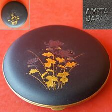 Vtg Amita Japan Black Clamshell Compact Vanity Makeup Case. Flowers. Gold Leaves picture