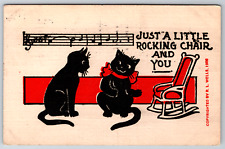 c1910s L. Wells Little Rocking Chair Black Cat Music Vintage Postcard picture