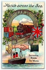 c1910's Hand Across The Sea Britannia Luck Horseshoe Train Antique Postcard picture