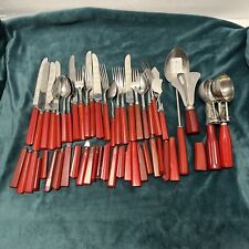 Vintage  Cherry Red Bakelite Flatware Cutlery Fork Knife Catalin American 51 Pc picture