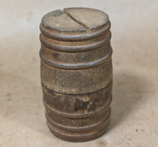 Small Antique Turned Wood Barrel Coin Cash Money Savings Bank picture