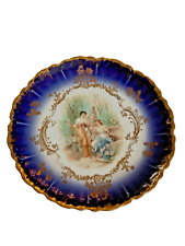 Antique Cobalt Blue Display Plate With Gold Gilding Art Nouveau Garden Ladies picture