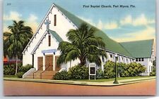 Fort Myers Florida~First Baptist Church Street View~Tichnor Vintage Linen PC picture
