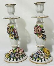Antique Von Schierholz Flower Encrusted Porcelain Candlesticks 10” picture