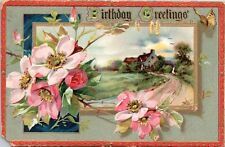 Raphael Tuck- Birthday Greeting Embossed Postcard- Dog Rose- Farmhouse Road 1911 picture