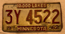 Vintage 1962 Minnesota White/Red Metal License Plate 3Y 4522 picture