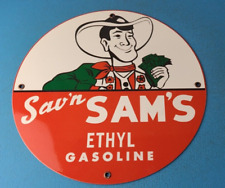 VINTAGE SAV'N SAM'S ETHYL GASOLINE PORCELAIN GAS SERVICE STATION PUMP PLATE SIGN picture
