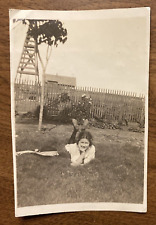 Vintage 1930s Young Girl Smiling Happy Lying in Yard Grass Real Photo P10d13 picture