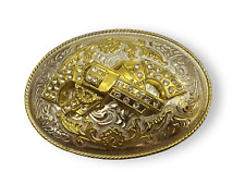Vintage Y2K Western Gold Solid Metal Oval Belt Buckle with 2 Guns Rhinestones De picture