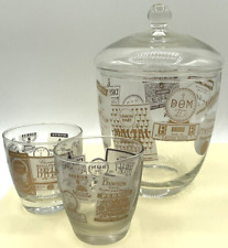 Vintage Glass Ice Bucket & 2 Matching Glasses Liquor Mai Tai Dom Brut Pimm's Bar picture
