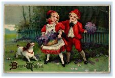 1912 Best Wishes Boy Girl Pansies Flowers Terrier Dog Chicago IL Posted Postcard picture