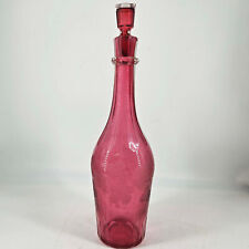 Vintage Bohemian cranberry pink etched Glass Decanter w stopper picture