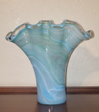 EXQUISITE FLUTED RUFFLED HANDKERCHIEF LG ART GLASS VASE W/TEAL BLUE WHITE SWIRLS picture