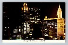 Chicago IL-Illinois, Chicago Buildings at Night, Antique Vintage Postcard picture