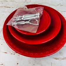 vtg red 3 tier tray USA pottery MCM w silver color handle picture